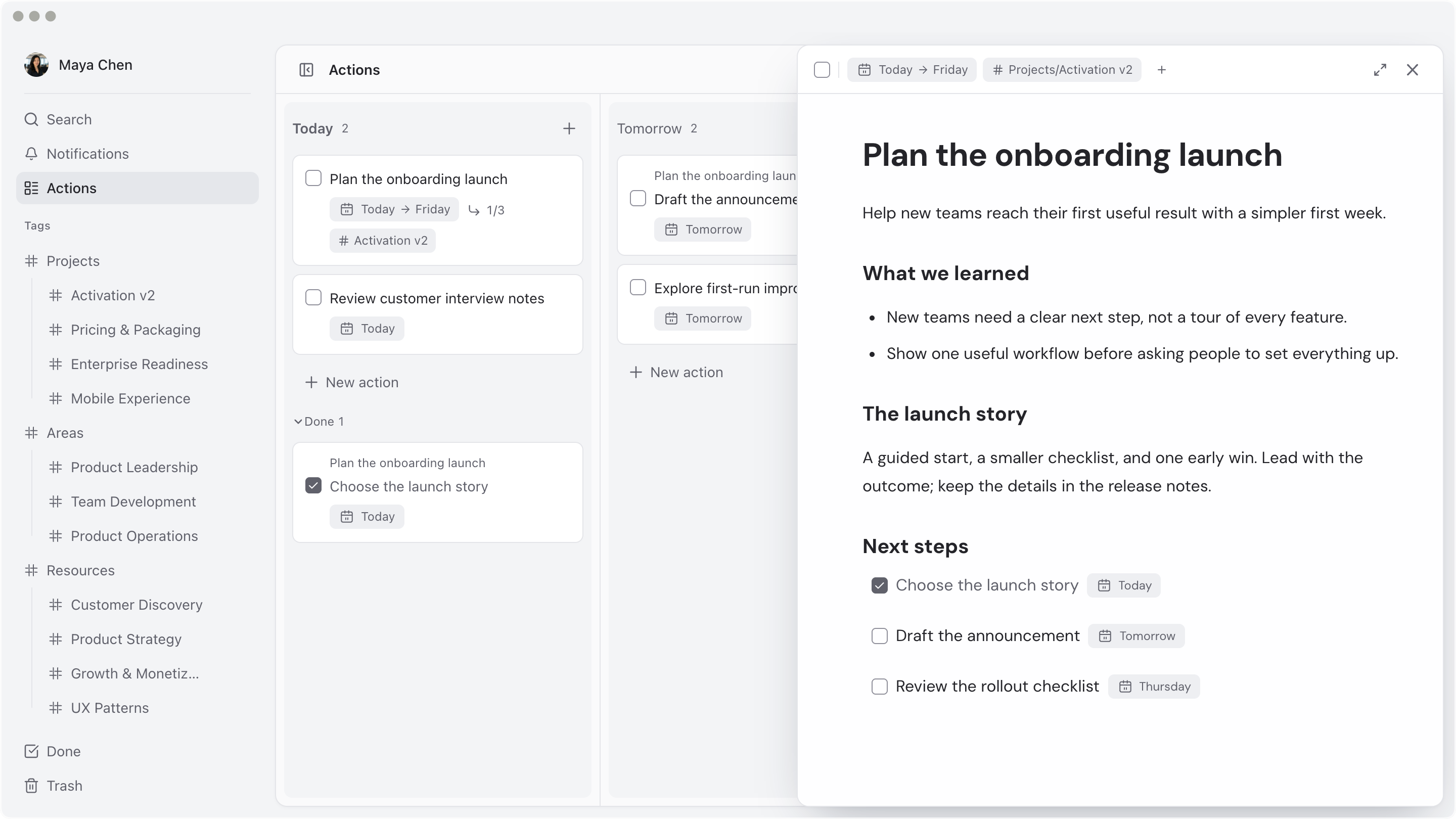 ActionDrivenNote with today’s actions beside an open launch plan, notes, and linked next steps.