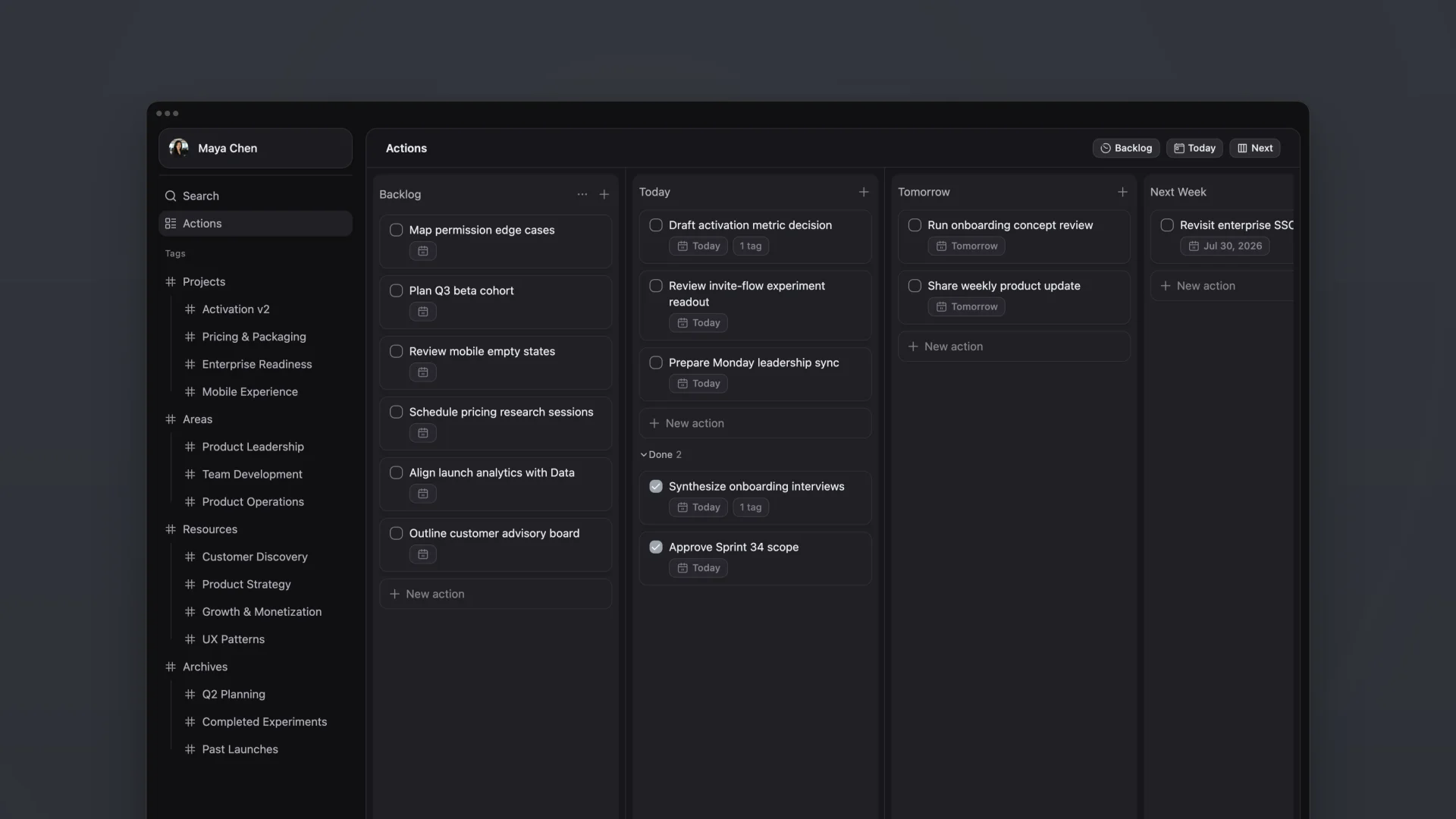 ActionDrivenNote action board organized into Backlog, Today, Tomorrow, and Next Week